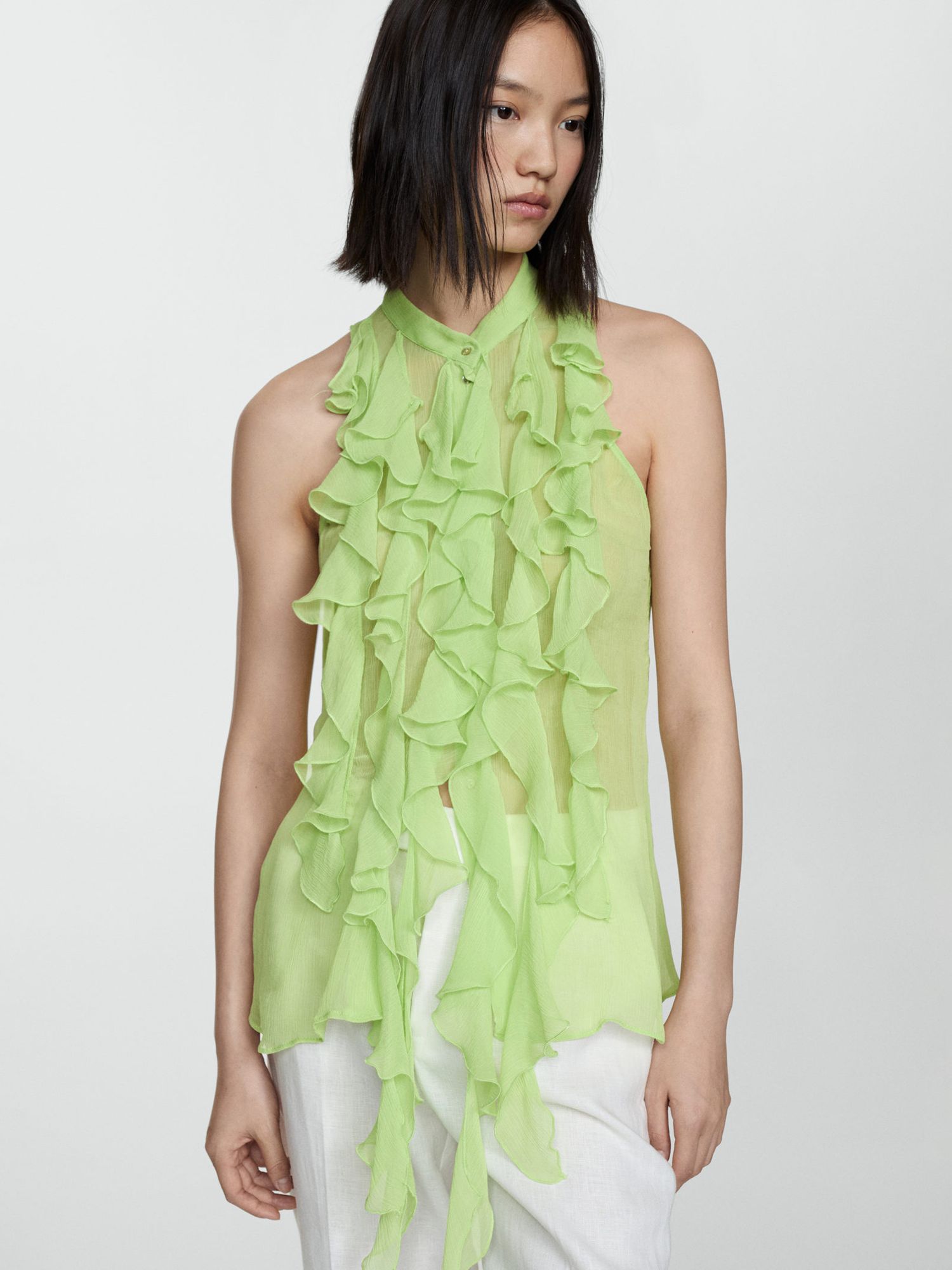 Mango Camelia Ruffle Top, Green