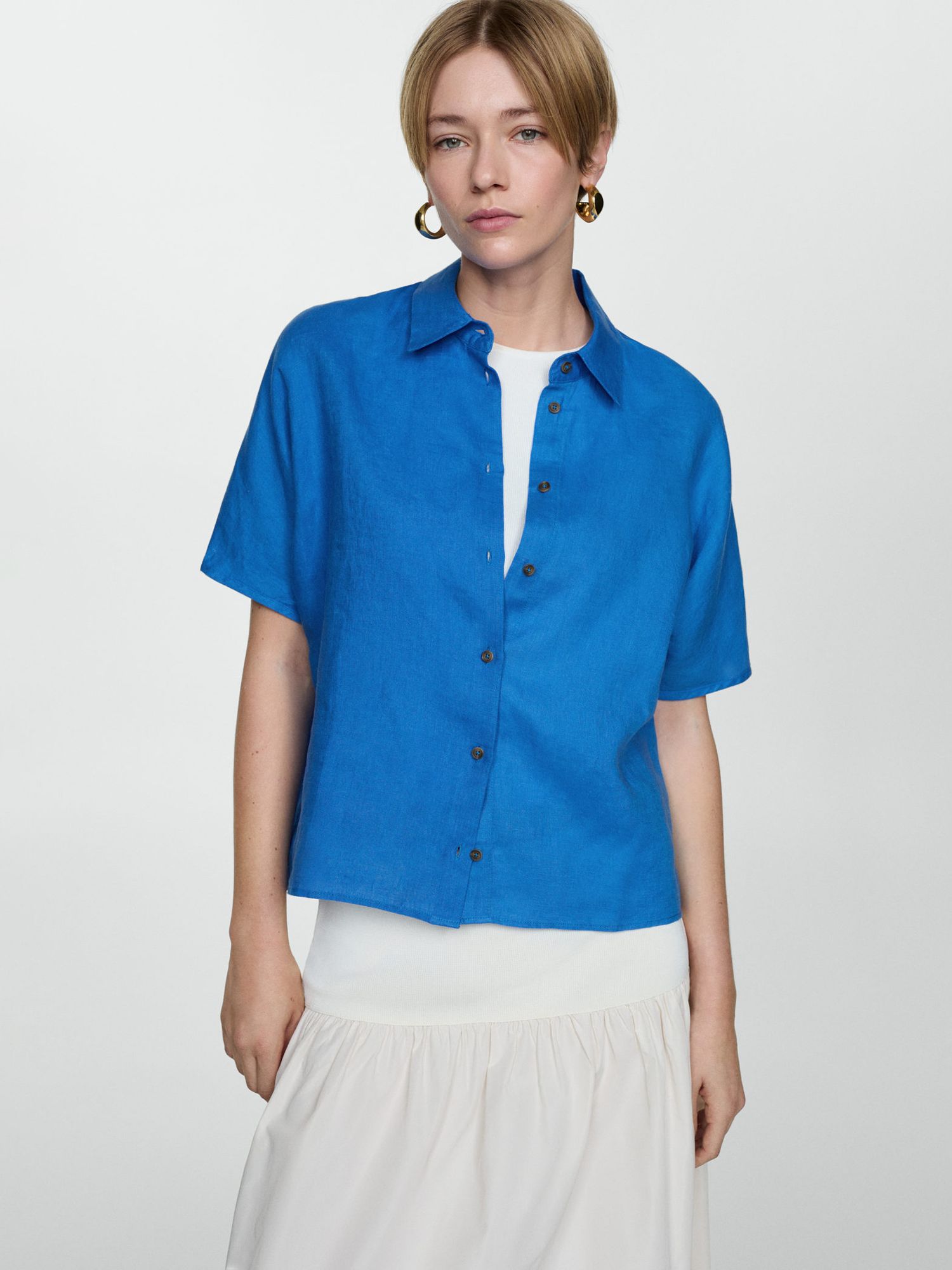 Mango Linen Boxy Short Sleeve Shirt, Blue, 4