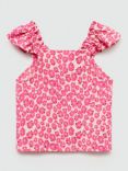 Mango Kids' Frida Floral Print Gathered T-Shirt, Bright Pink