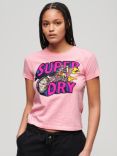 Superdry Neon Motor Graphic Fitted T-Shirt, Romance Rose Pink Slub