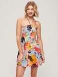 Superdry Bandeau Halterneck Mini Beach Dress, Peach/Multi