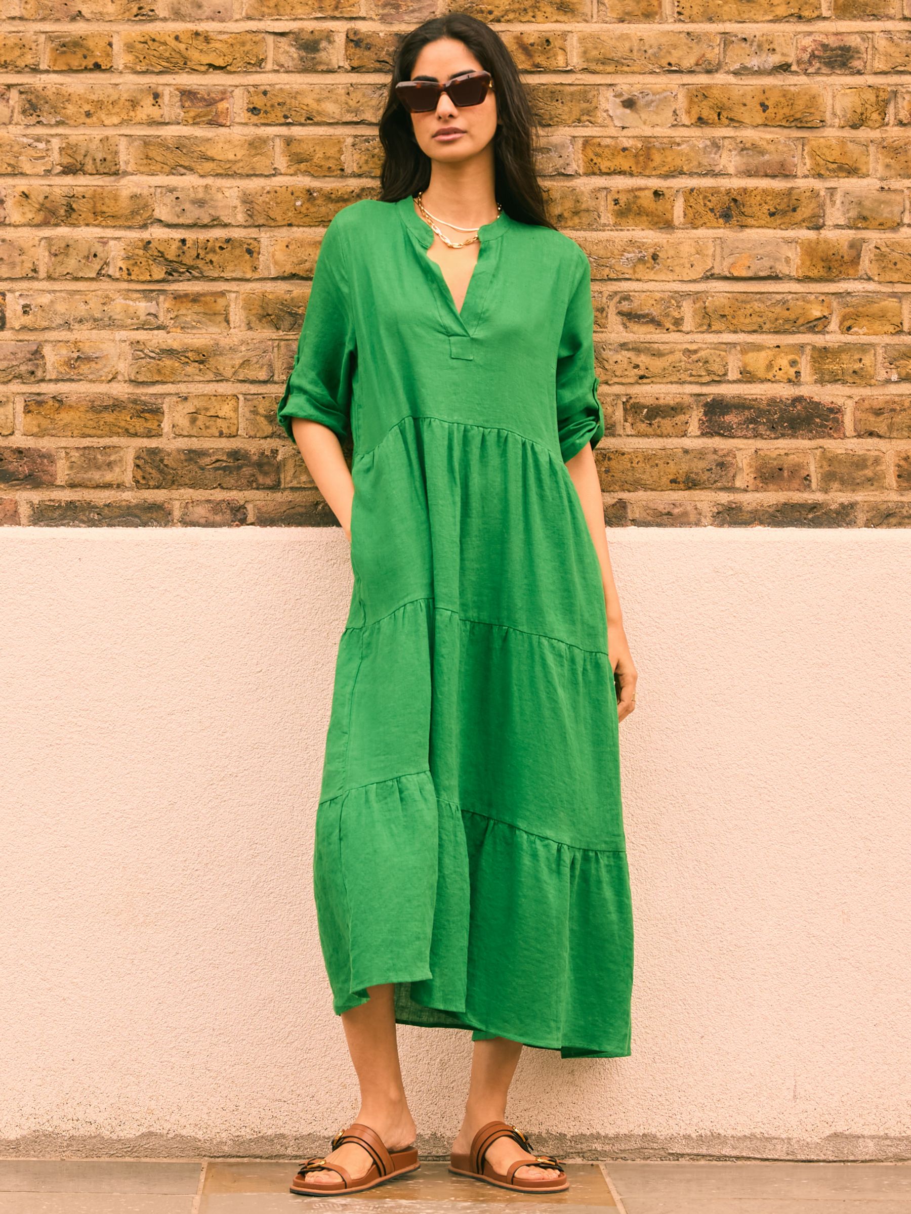 Baukjen Brenda Linen Tiered Midi Dress, Bright Emerald