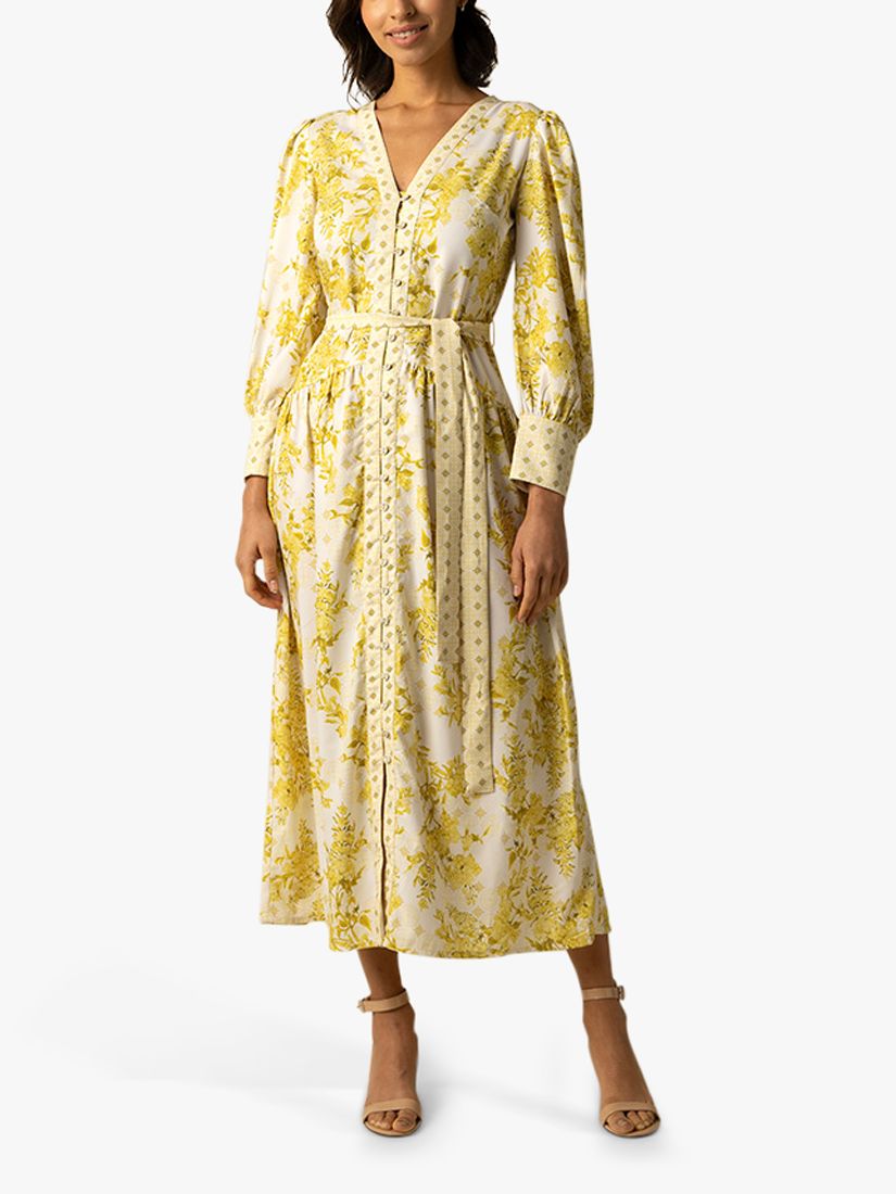 Raishma Aaliyah Cotton Blend Floral Midi Dress, Yellow, 8