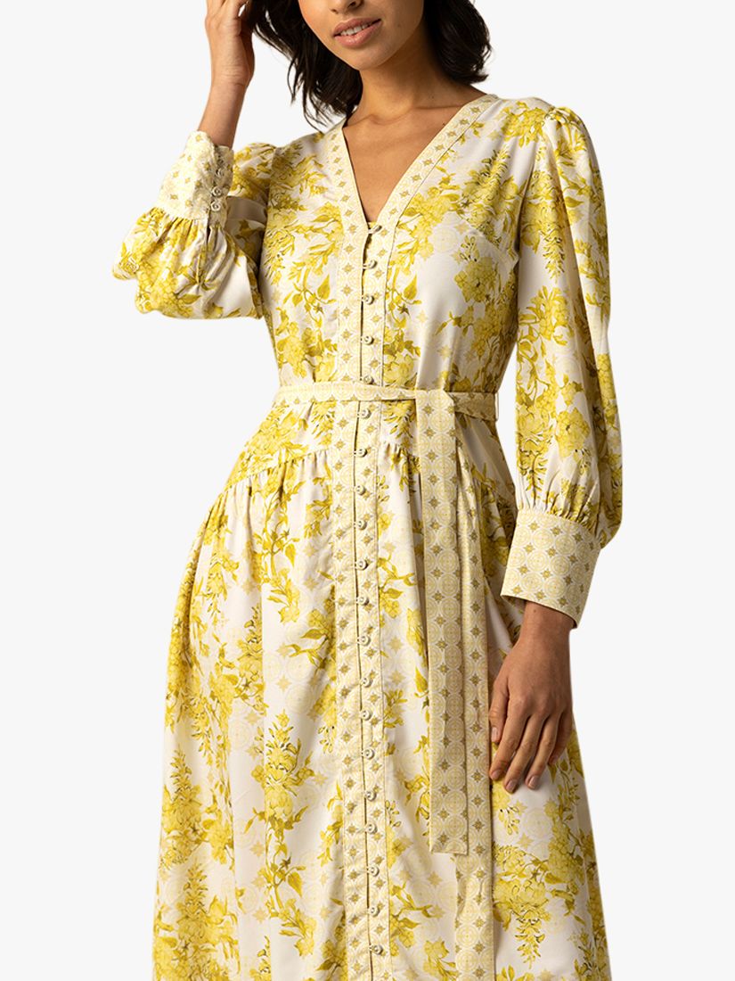 Raishma Aaliyah Cotton Blend Floral Midi Dress, Yellow, 8