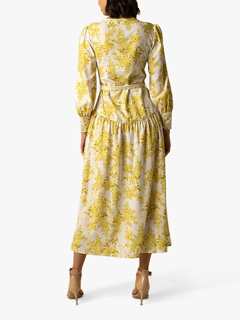 Raishma Aaliyah Cotton Blend Floral Midi Dress, Yellow, 8