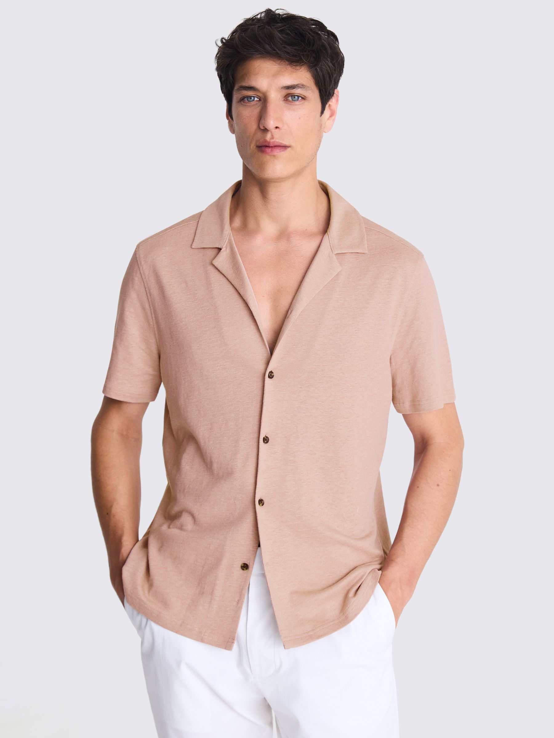 Moss Linen Blend Knitted Cuban Collar Shirt, Pink, S