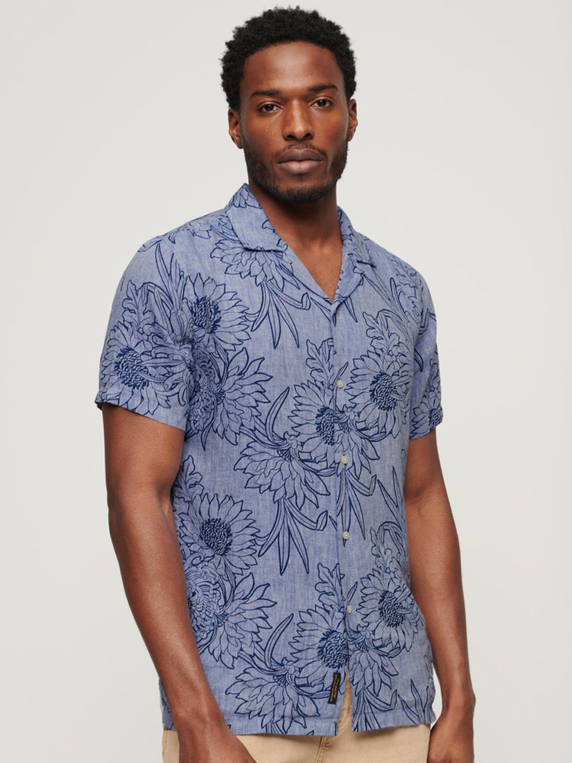 Superdry Open Collar Floral Print Linen Shirt, Chrysanth Optic, L