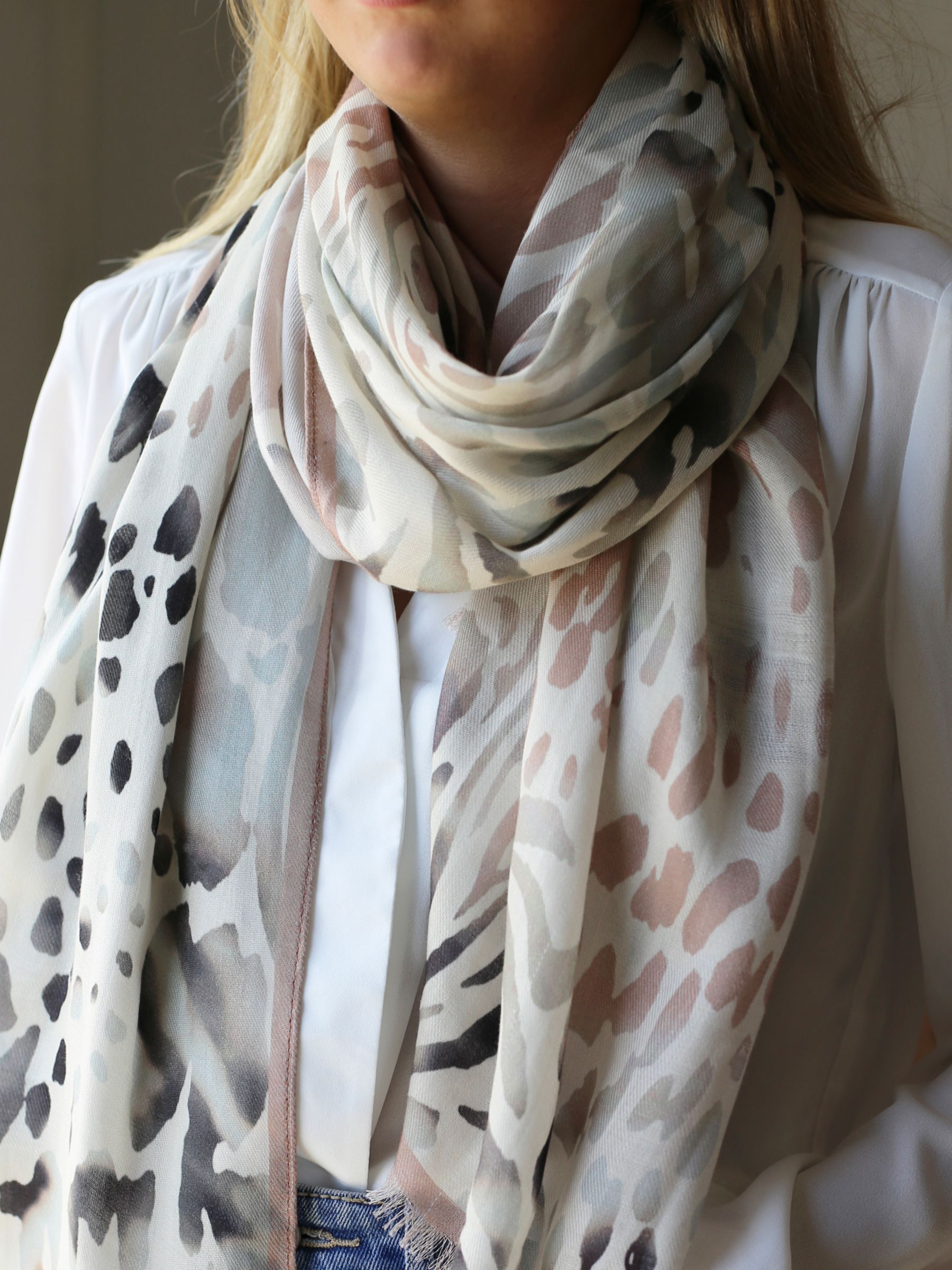 Tutti & Co Watercolour Animal Print Scarf, Dusty Pink/Grey Stone, One Size