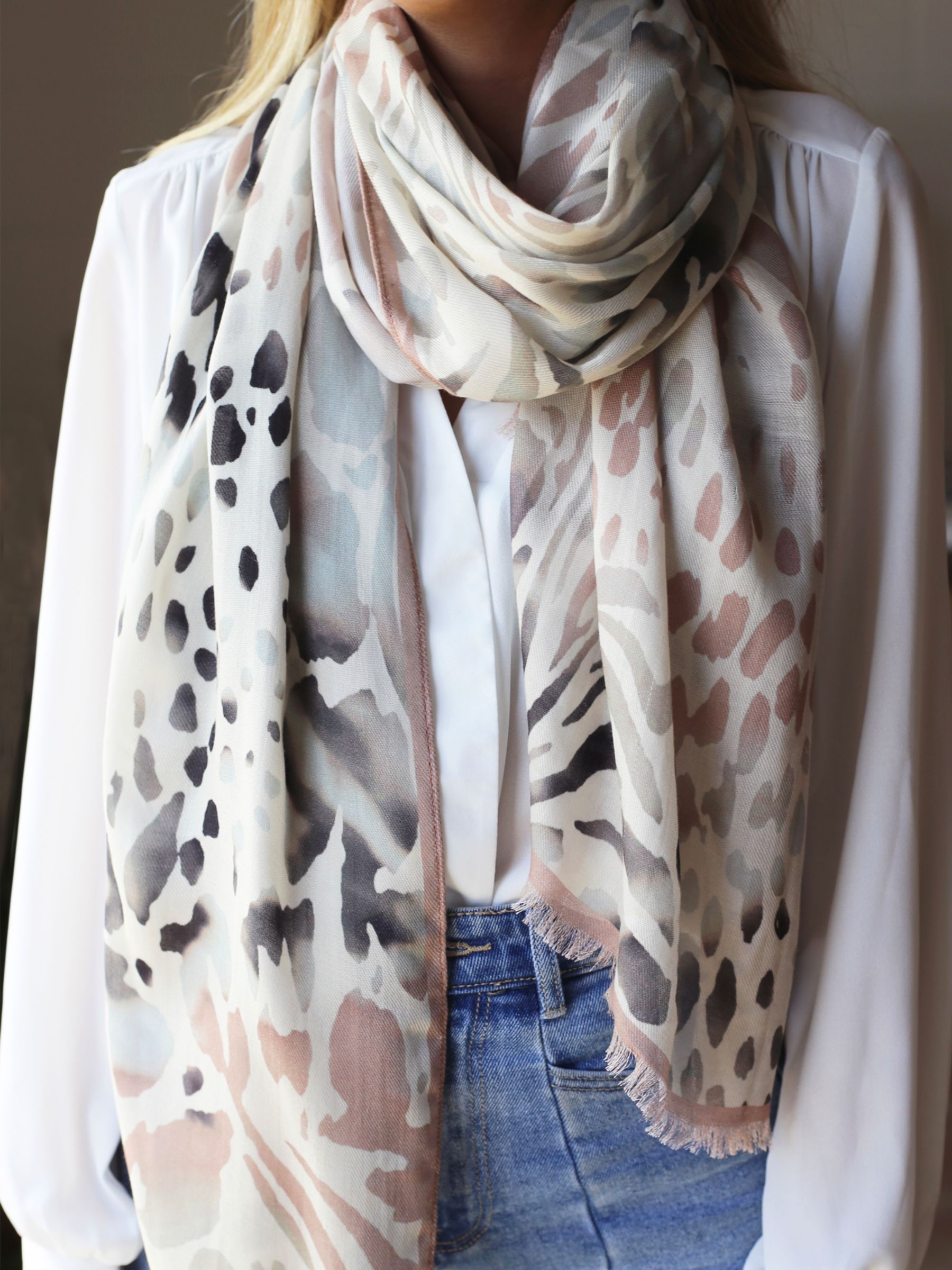 Tutti & Co Watercolour Animal Print Scarf, Dusty Pink/Grey Stone, One Size