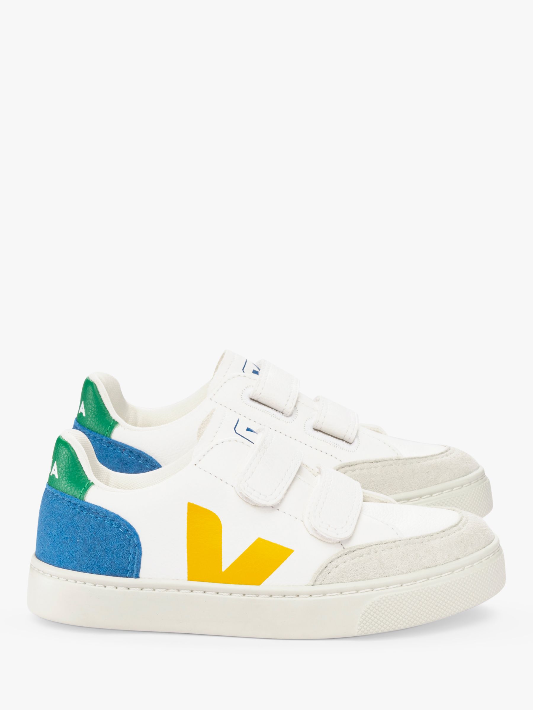 VEJA Kids' Small V-12 Leather Riptape Trainers, White/Multi, 28