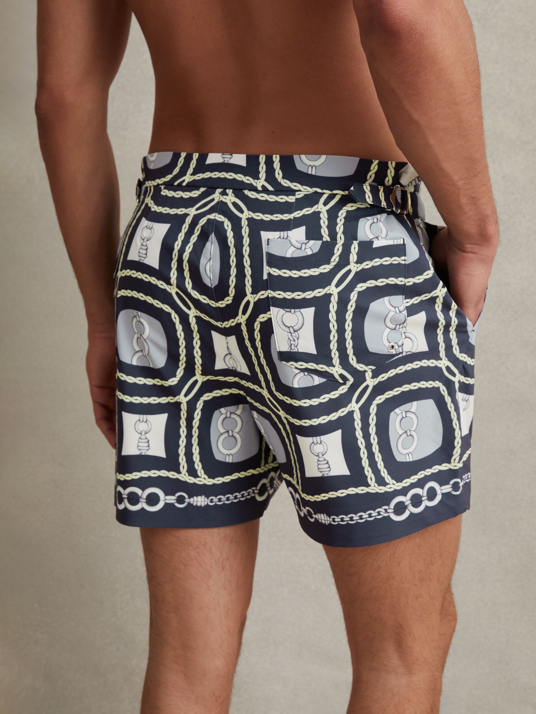 Reiss Palm Chain Print Swim Shorts, Navy/Multi, XS