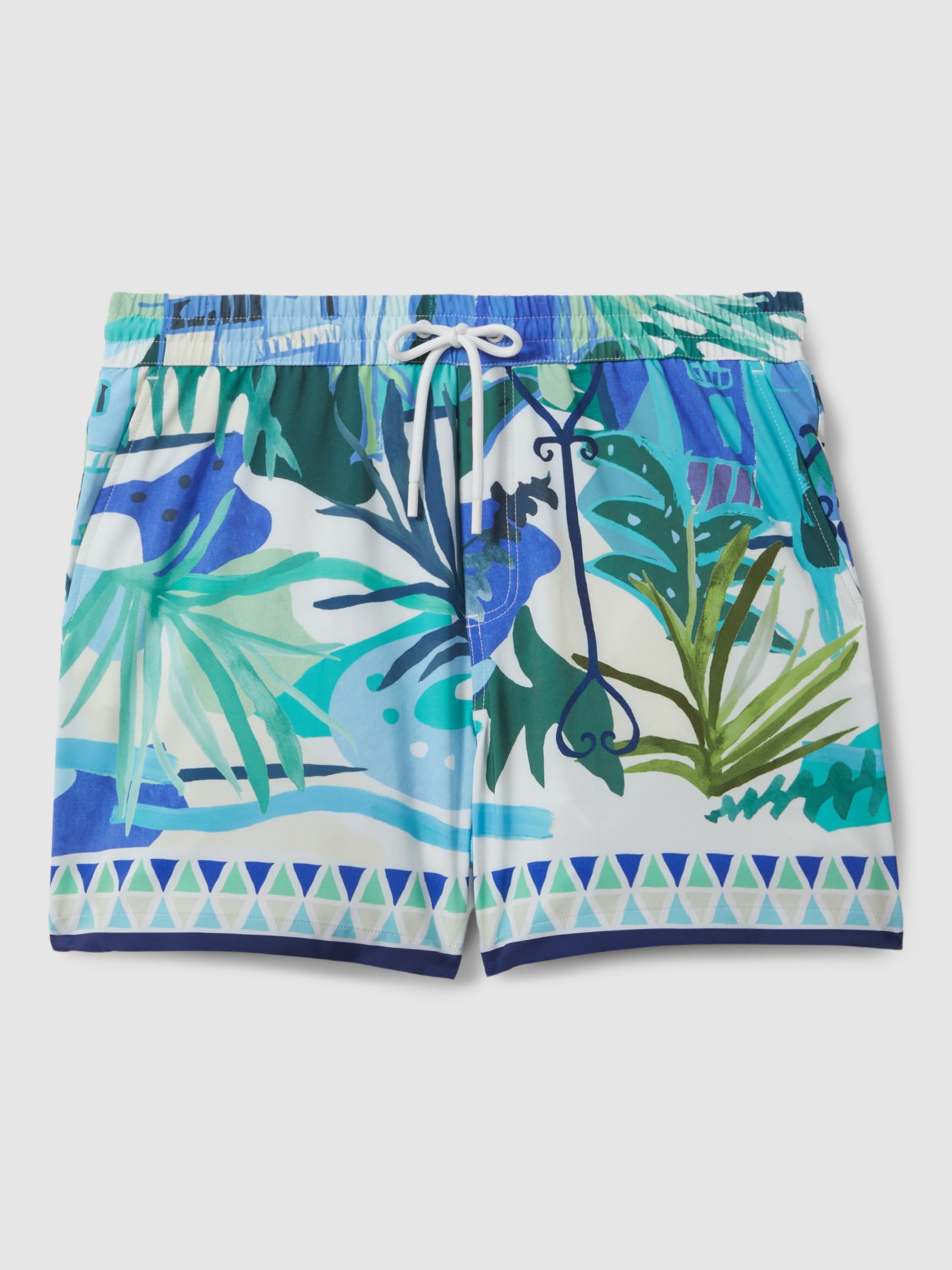 Reiss Huwai Leaf Print Swim Shorts, Green/Multi, XS