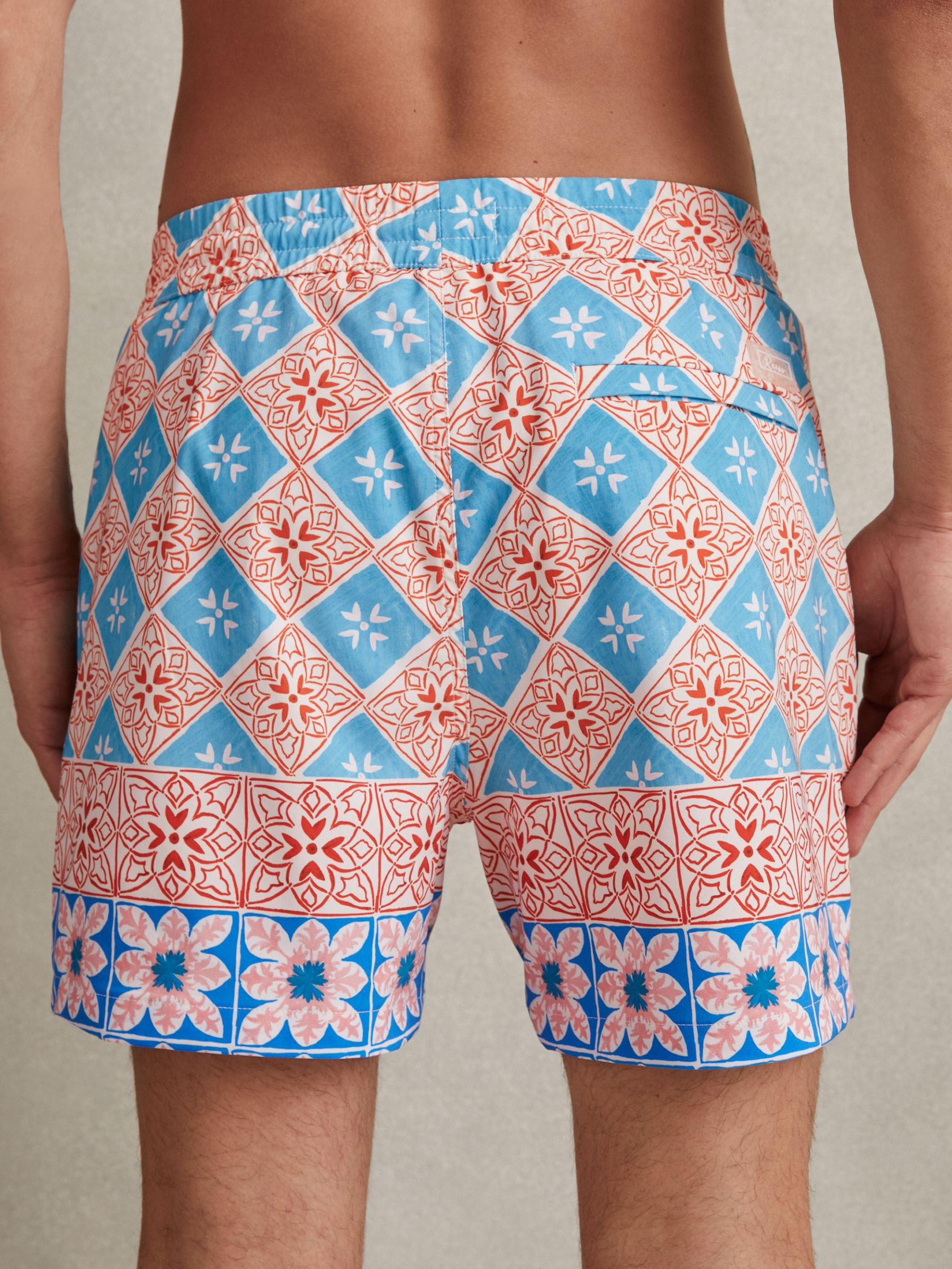 Reiss Arizona Tile Floral Print Swim Shorts, Orange/Multi, XS