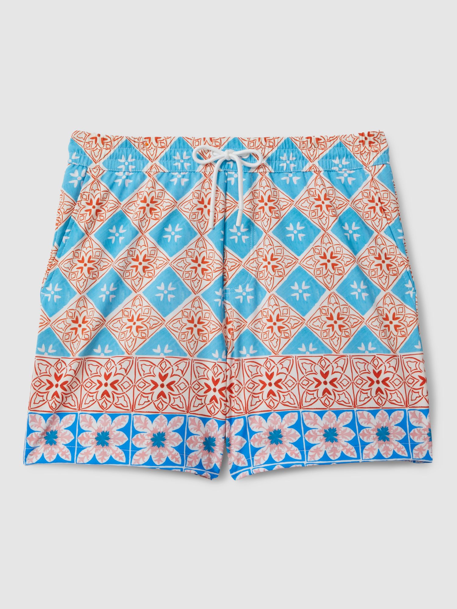 Reiss Arizona Tile Floral Print Swim Shorts, Orange/Multi, XS