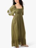 Accessorize Cotton Puff Sleeve Maxi Dress, Khaki