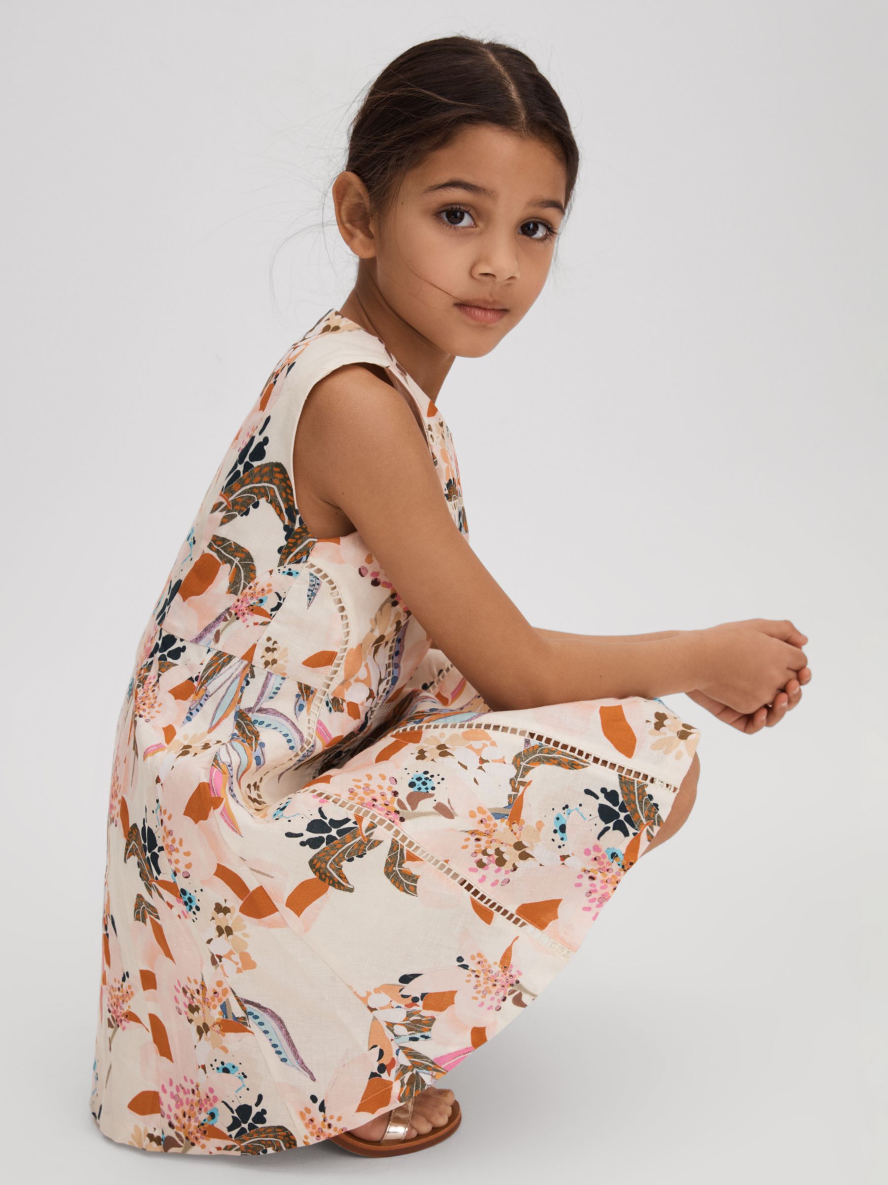 Reiss Kids' Lor Linen Blend Stitch Floral Print Dress, Pink, 4-5 years