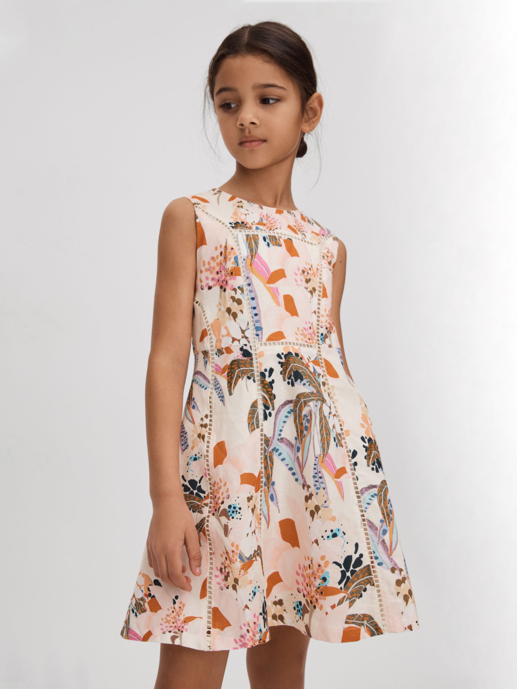 Reiss Kids' Lor Linen Blend Stitch Floral Print Dress, Pink, 4-5 years
