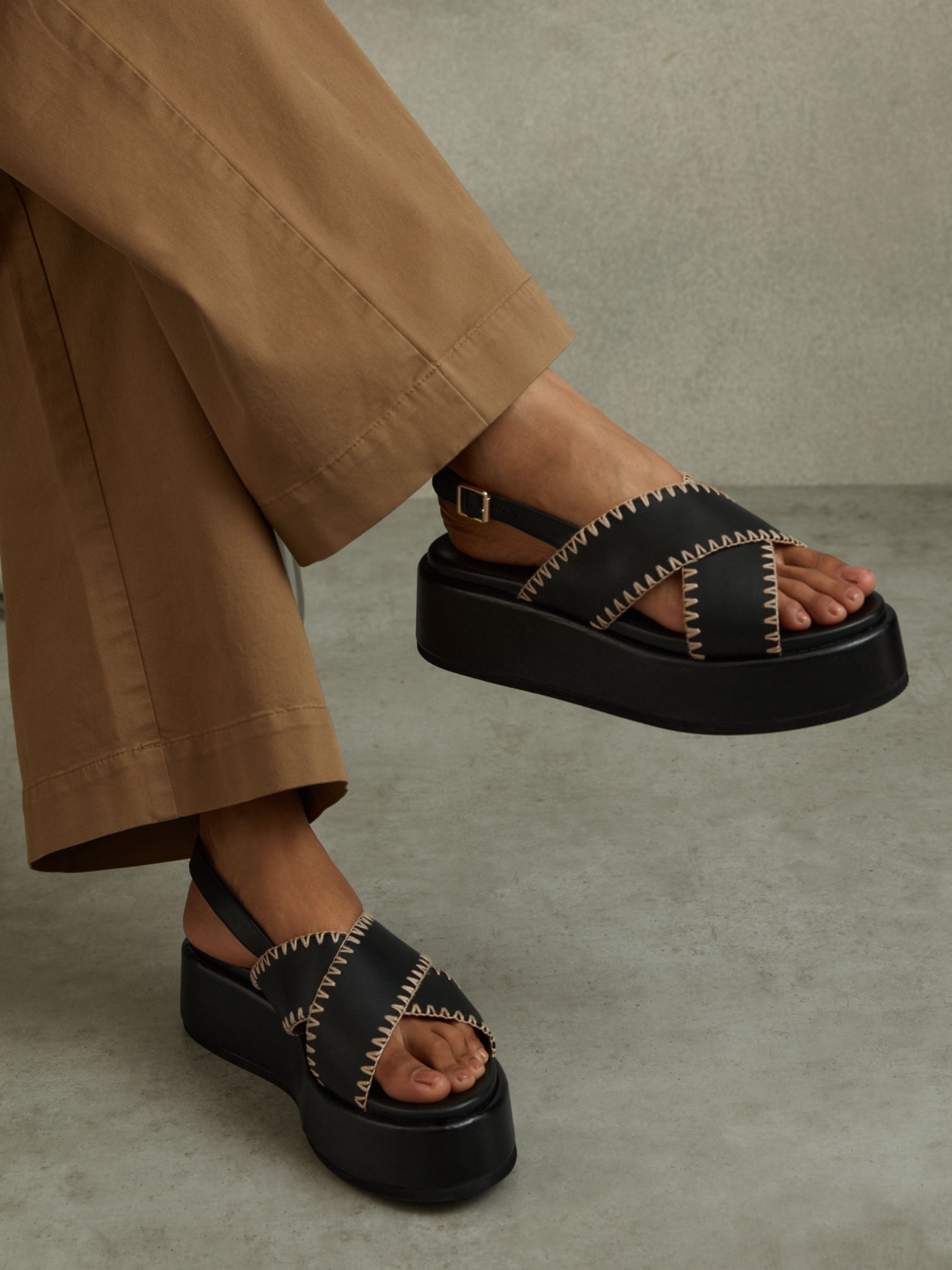 Reiss Melissa Raffia Stitch Leather Flatform Sandals, Black, 3