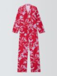 John Lewis Linear Floral Bushed Cotton Pyjama Set, Red/Lilac