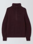 John Lewis Wool Cotton Blend Zip Neck Jumper, Berry