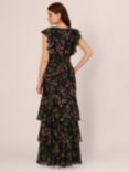 Adrianna Papell Flutter Tiered Chiffon Maxi Dress, Black/Multi