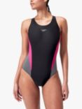 Speedo Colour Block Muscleback Swimsuit, Black/Electric Pink