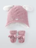 John Lewis Baby Bunny Hat and Mittens Set, Pink