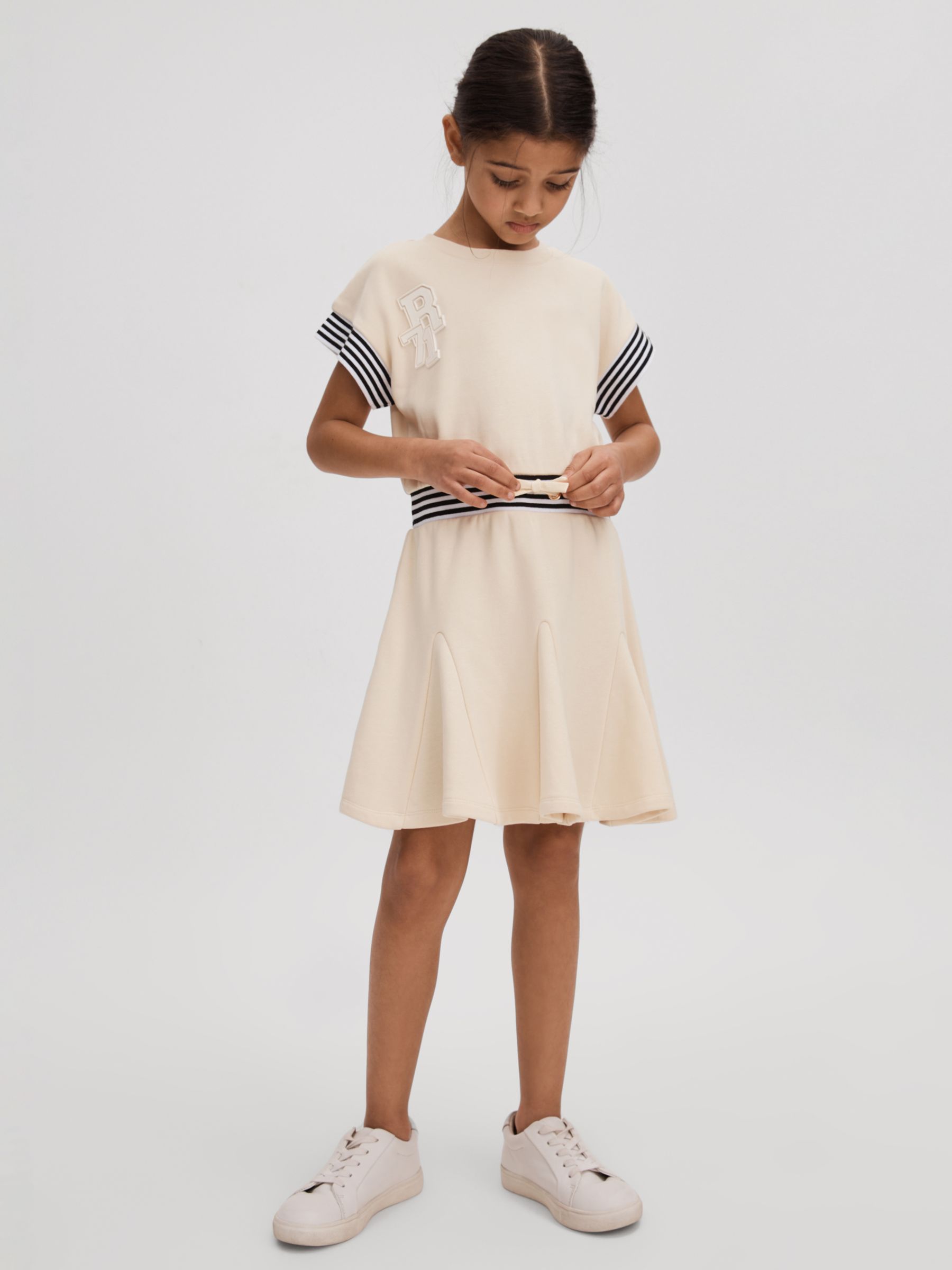 Reiss Kids' Milo Logo Stripe Trim Jersey Dress, Ivory, 4-5 years