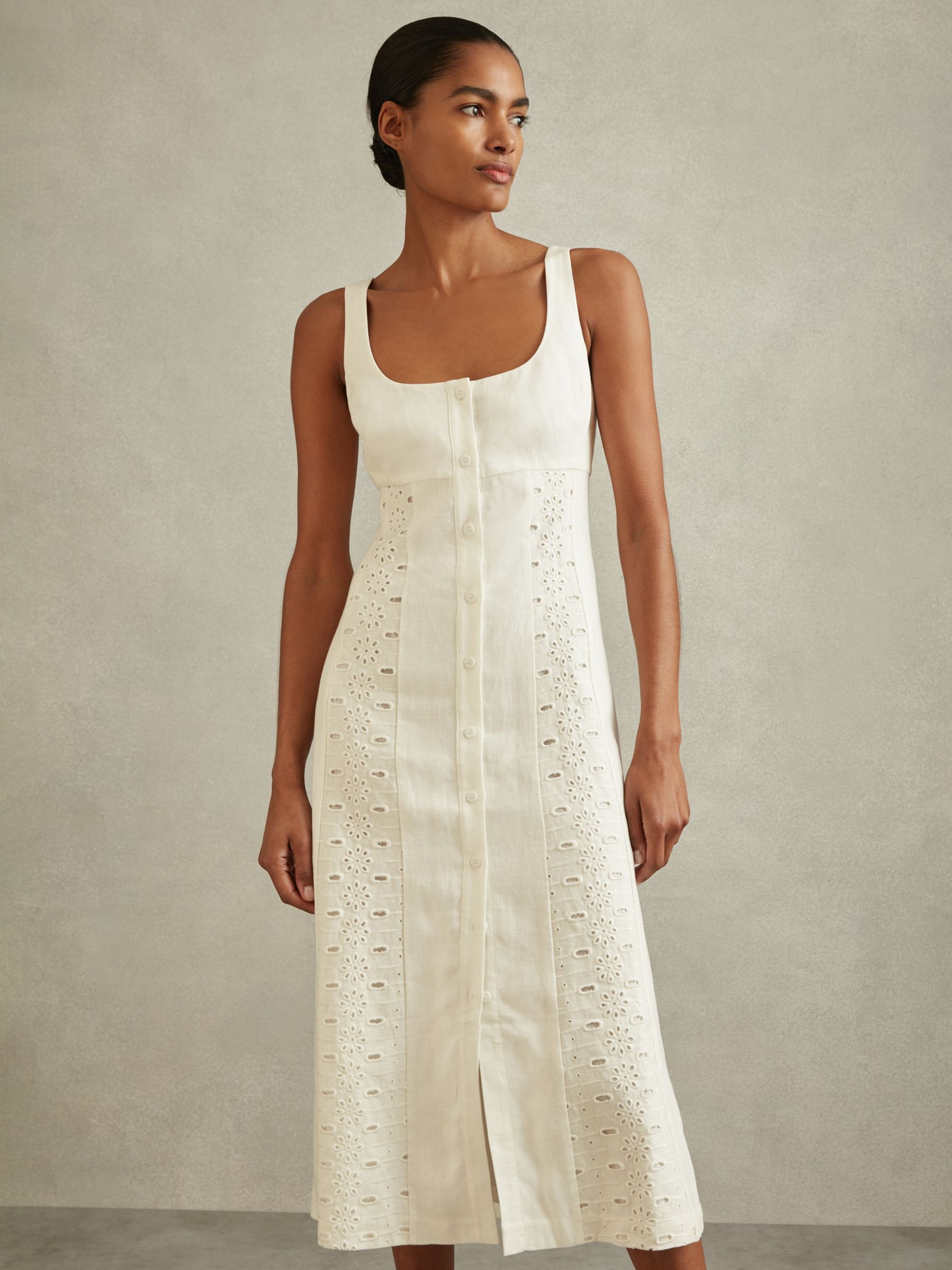Reiss Clarice Broderie Linen Midi Dress, Ivory, 6