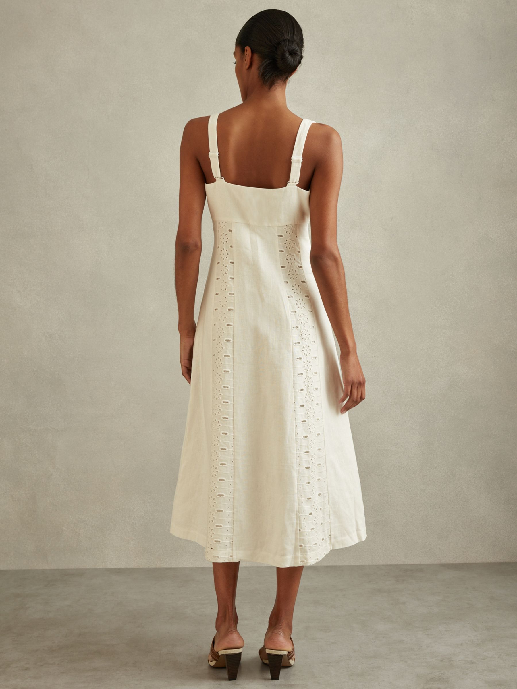 Reiss Clarice Broderie Linen Midi Dress, Ivory, 6