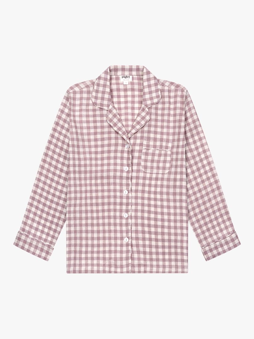 Piglet in Bed Relaxed Fit Linen Gingham Pyjama Shirt, Elderberry, XL