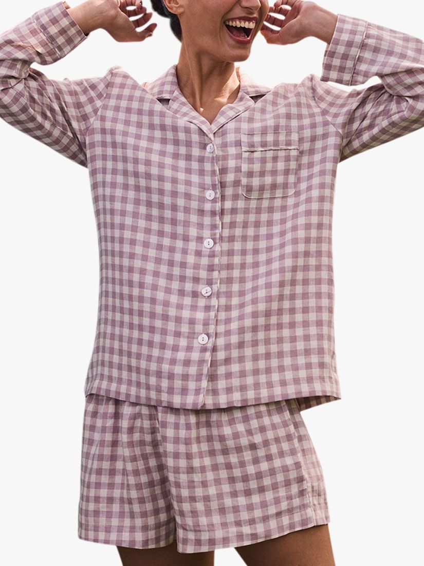 Piglet in Bed Relaxed Fit Linen Gingham Pyjama Shirt, Elderberry, XL