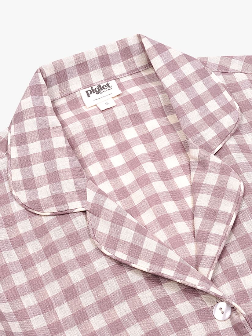 Piglet in Bed Relaxed Fit Linen Gingham Pyjama Shirt, Elderberry, XL