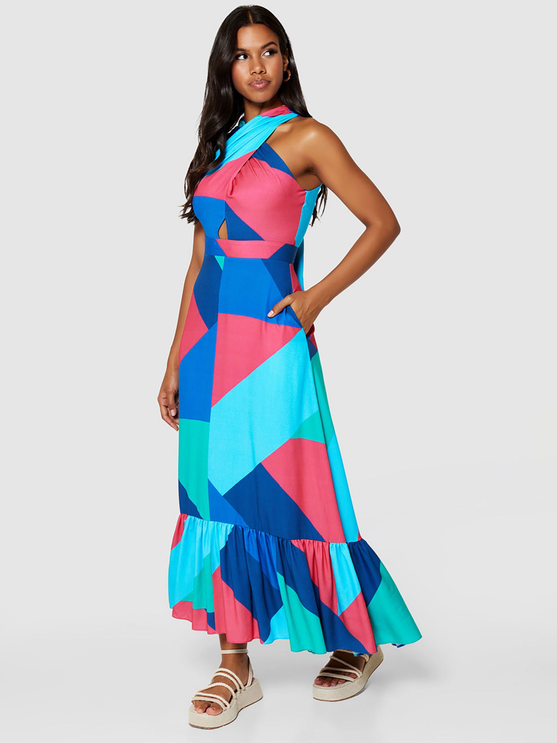 Closet London Geometric Print Halter Neck Maxi Dress, Blue/Multi, 12