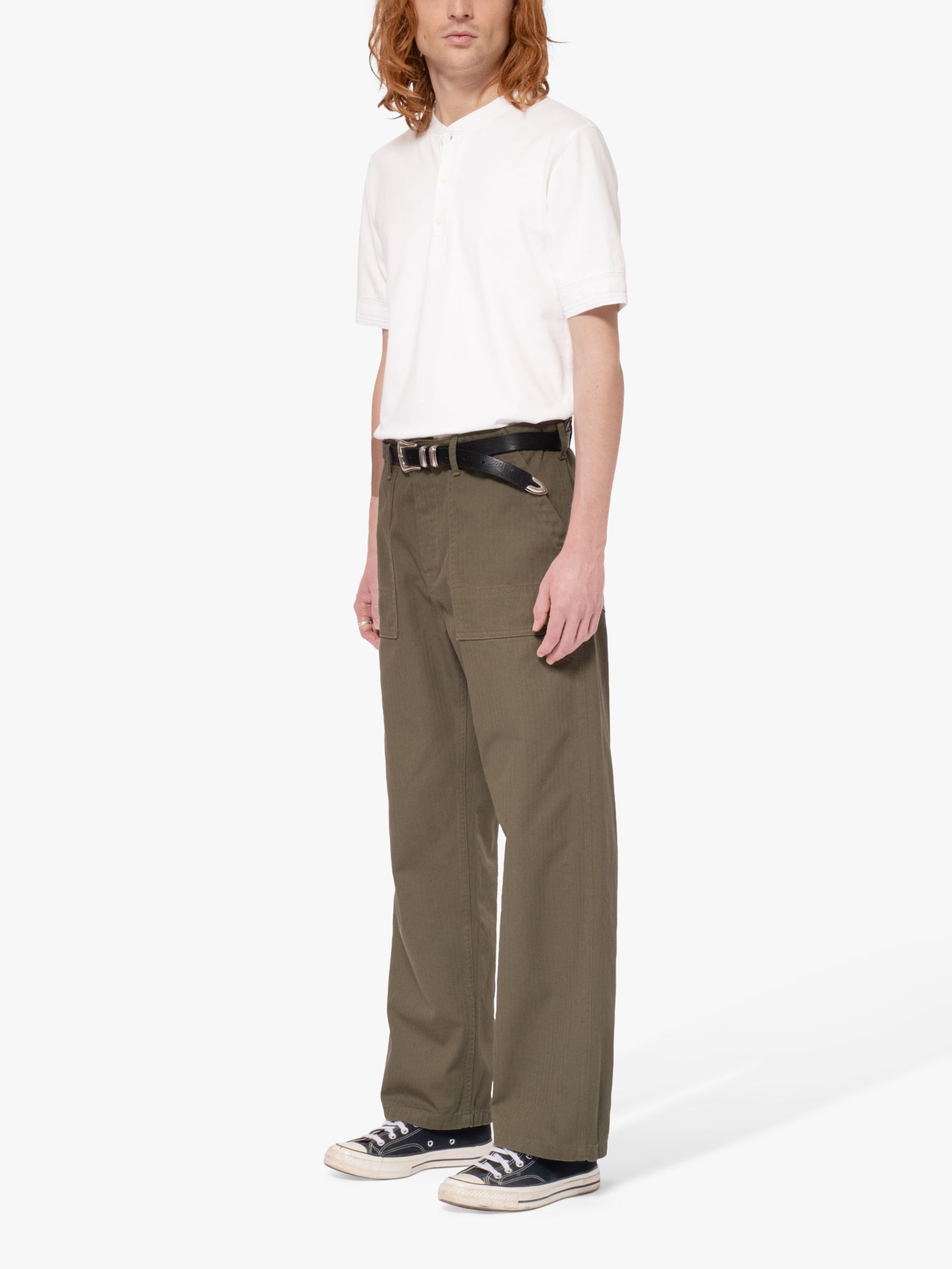 Nudie Jeans Tuff Tony Wide Leg Trousers, Olive, 30R