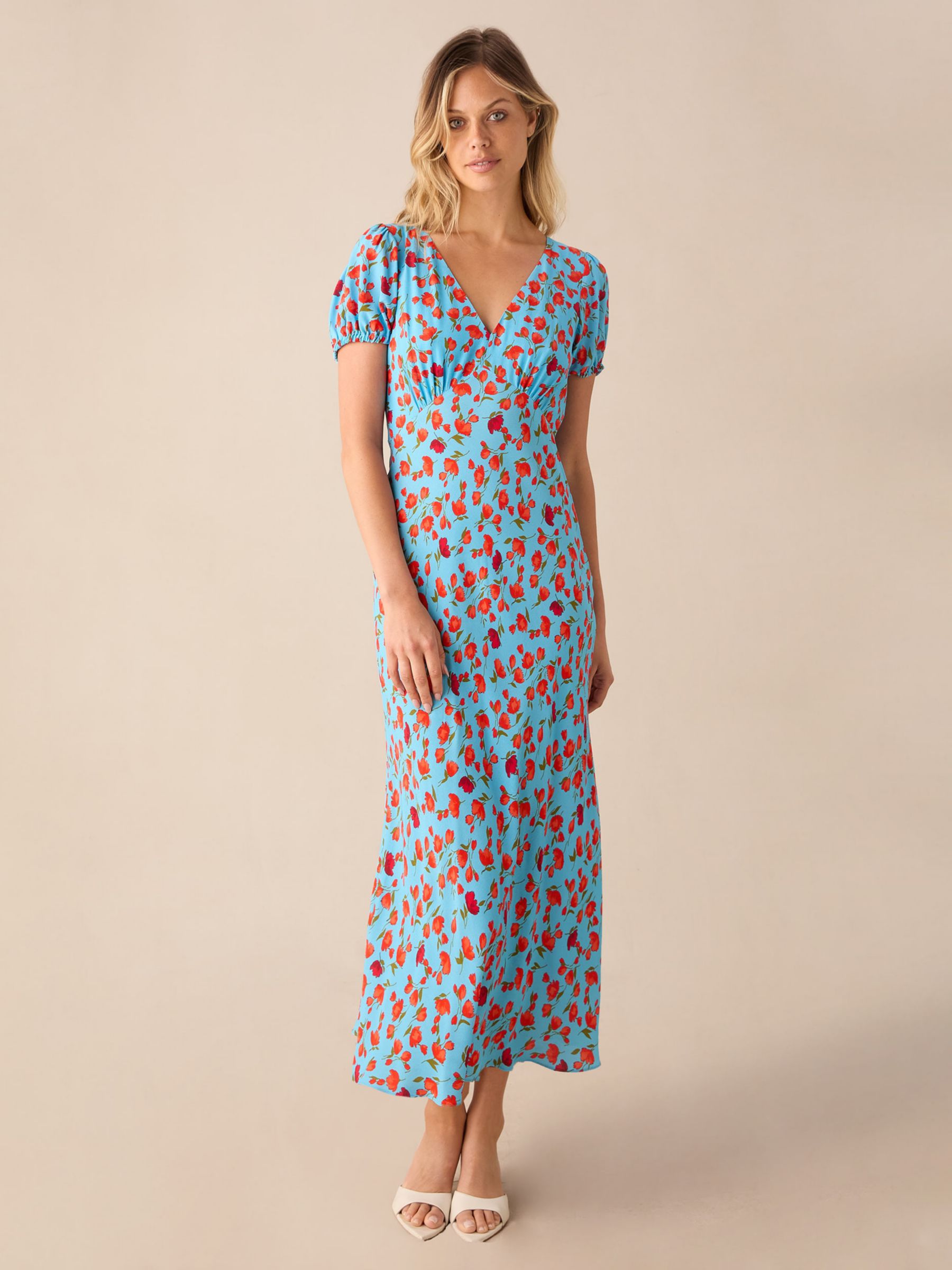 Ro&Zo Tulip Print Puff Sleeve Midi Dress, Blue/Multi