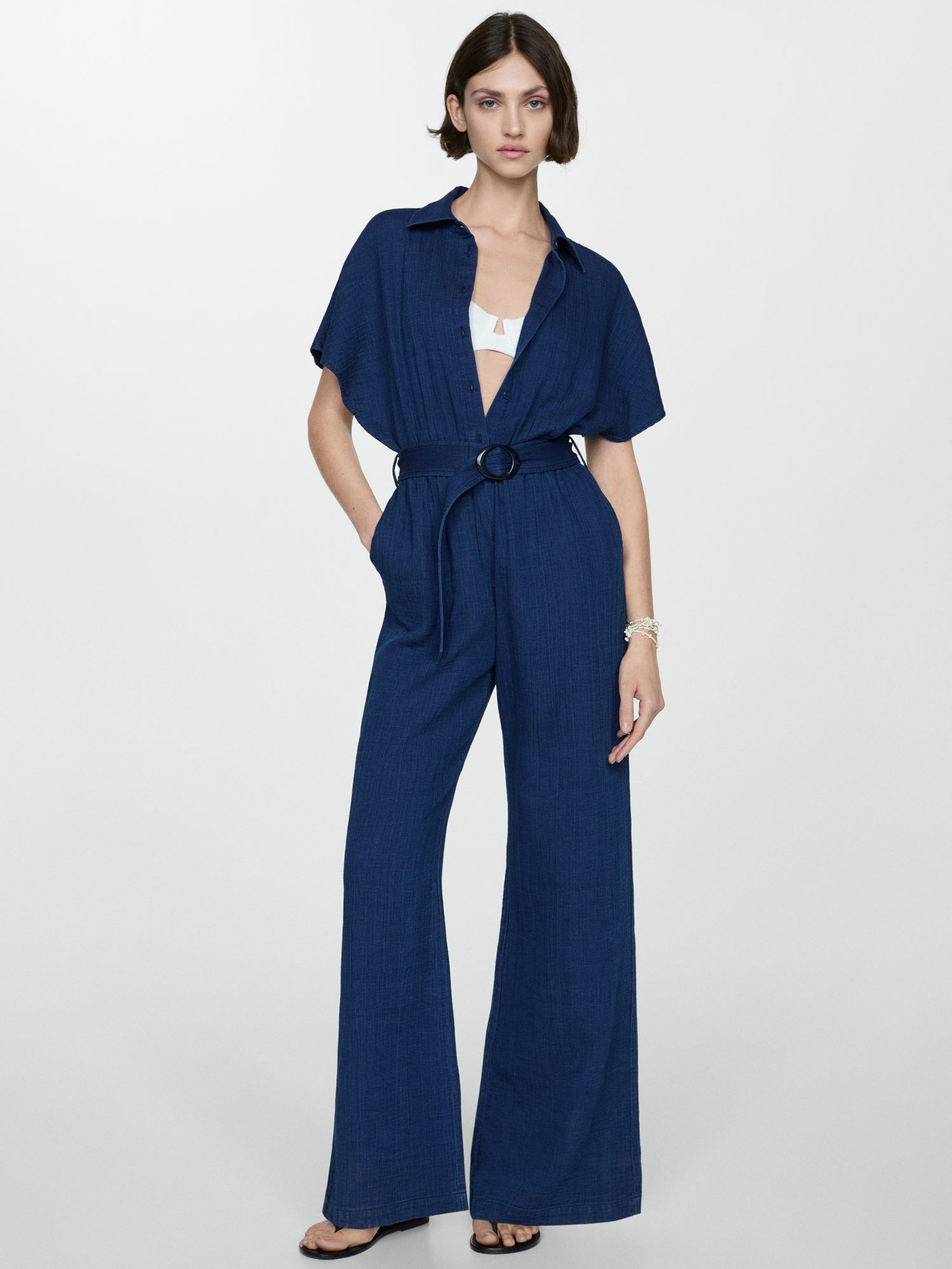 Mango Bambie Textured Cotton Jumpsuit, Navy