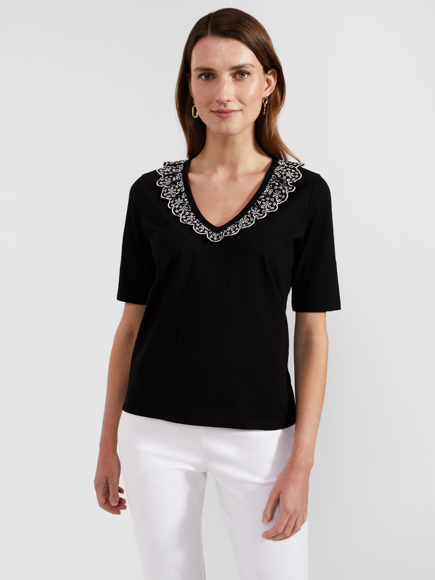 Hobbs Mariella Broderie Ruffle Neck Top, Black