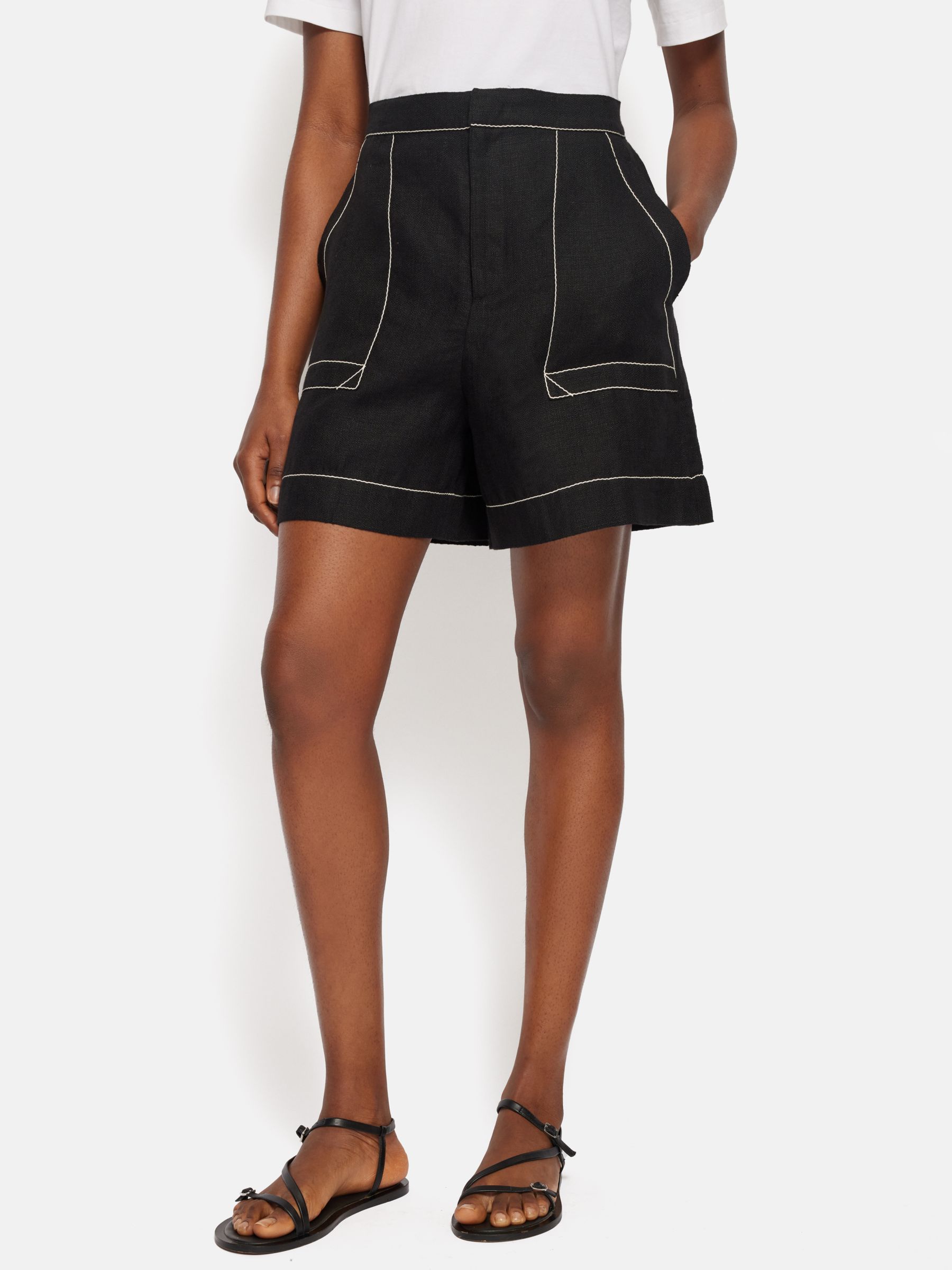 Jigsaw Contrast Stitch Linen Shorts, Black, 6
