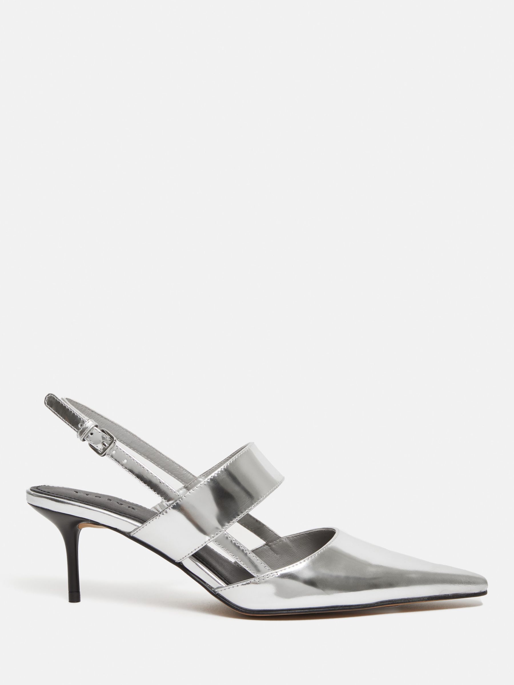 Jigsaw Russo Kitten Heel Leather Slingback Court Shoes, Silver