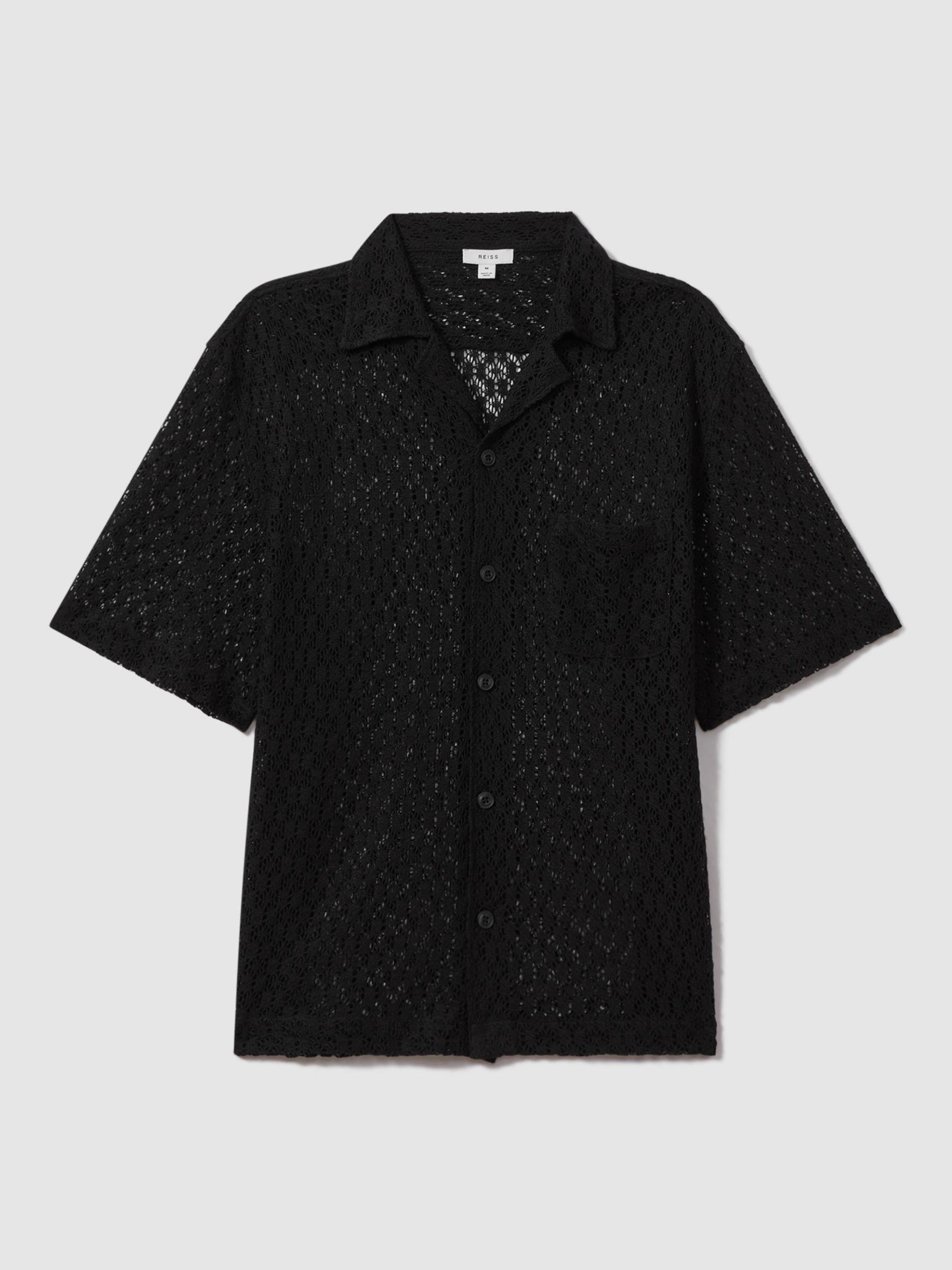 Reiss Elvis Crochet Cuban Collar Shirt, Black, M