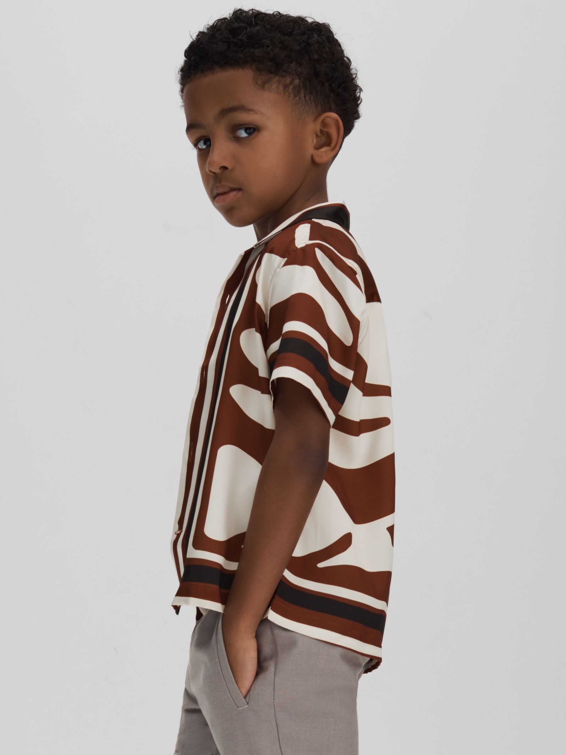 Reiss Kids' Tom Abstract Print Cuban Collar Short Sleeve Shirt, Tobacco, 9-10 years