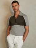 Reiss Gino Mercerised Cotton Colourblock Cuban Collar Shirt, Sage Green