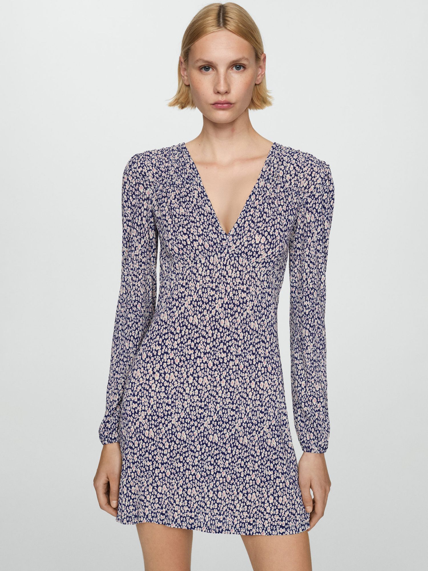 Mango Pom Floral Print Dress, Navy