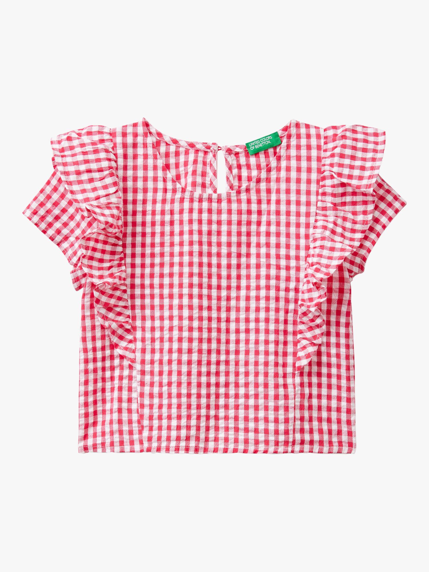 Benetton Kids' Vichy Seersucker Check Ruffle Blouse, Magenta Red