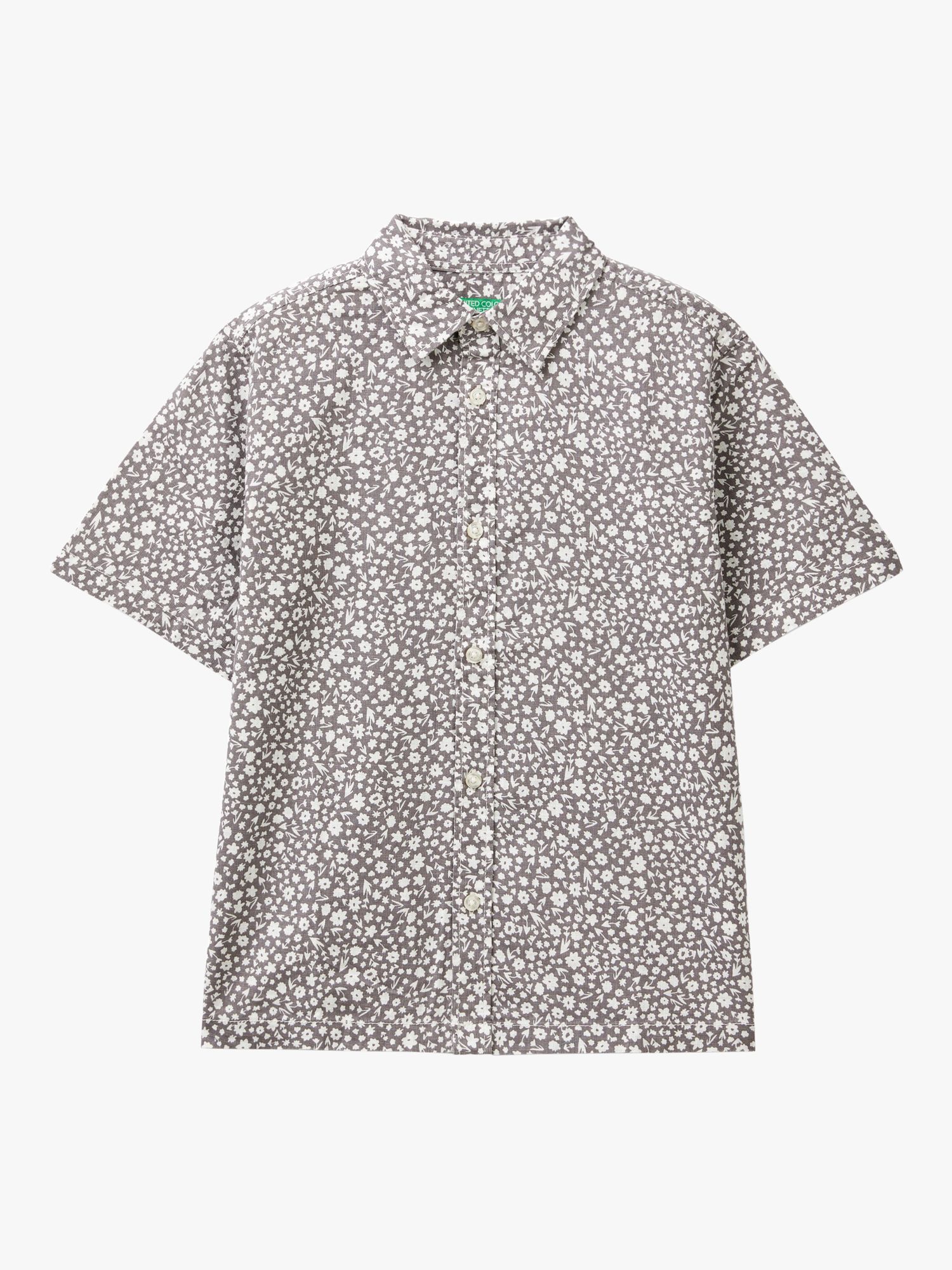 Benetton Kids' Floral Print Short Sleeve Shirt, Grey/Multi, 6-7 years