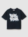 Reiss Kids' Pictor Cotton Graffiti Print Oversized T-Shirt, Navy