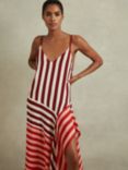Reiss Holly Stripe Asymmetric Hem Satin Midi Dress, Burgundy/Off White