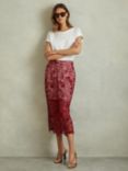 Reiss Flo Lace Pencil Skirt, Burgundy