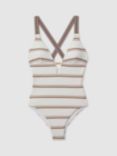 Reiss Freda Stripe Cross Back Swimsuit, Cream/Brown
